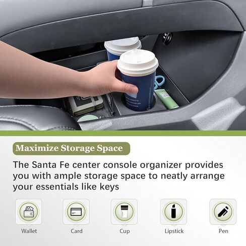 منظم وحدة التحكم المركزية السفلية HGWEI متوافق مع الملحقات الداخلية Hyundai Santa Fe 2024 2025 2026، صندوق تخزين مسند الذراع الأرضي، صينية إدخال أسفل مقسم الحجرة مع حامل أكواب أسود in Kuwait