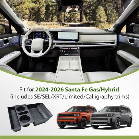 منظم وحدة التحكم المركزية السفلية HGWEI متوافق مع الملحقات الداخلية Hyundai Santa Fe 2024 2025 2026، صندوق تخزين مسند الذراع الأرضي، صينية إدخال أسفل مقسم الحجرة مع حامل أكواب أسود in Kuwait