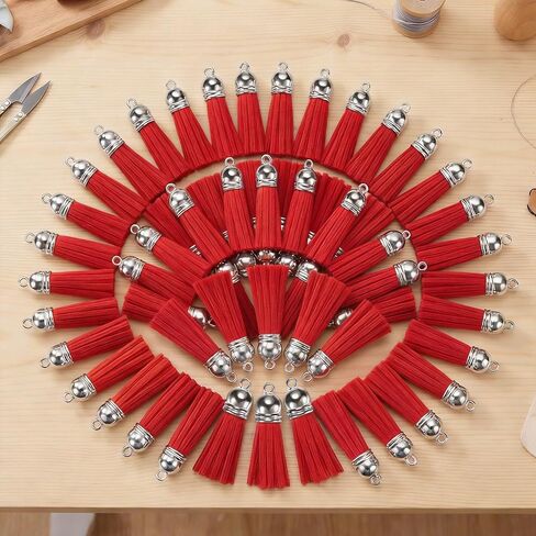 50 Pcs Red Tassels for Crafts, Mini Leather Tassel Charms, Bulk Decorative Pendants for Keychain Earrings Jewelry Making Bookmark DIY Accessories in Kuwait