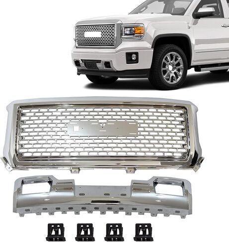 شبكة غطاء علوي من المصد الأمامي من الكروم ولوحة انزلاقية سفلية متوافقة مع 2014 2015 GMC Sierra 1500 Denali Grill مجموعة غطاء شبكي على شكل قرص العسل شبكة سفلية 22902312 GM1053100 in Kuwait