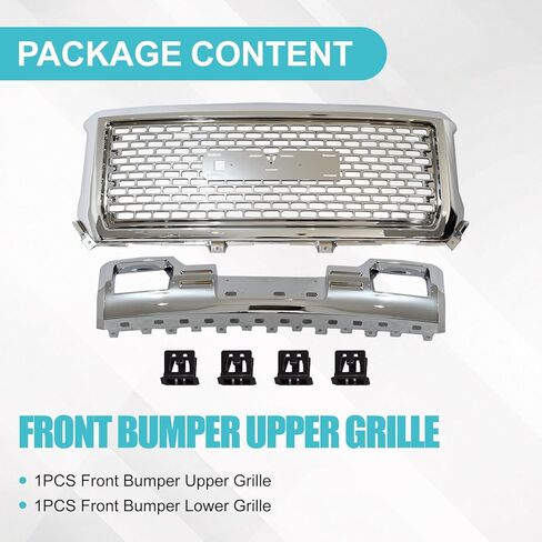 شبكة غطاء علوي من المصد الأمامي من الكروم ولوحة انزلاقية سفلية متوافقة مع 2014 2015 GMC Sierra 1500 Denali Grill مجموعة غطاء شبكي على شكل قرص العسل شبكة سفلية 22902312 GM1053100 in Kuwait