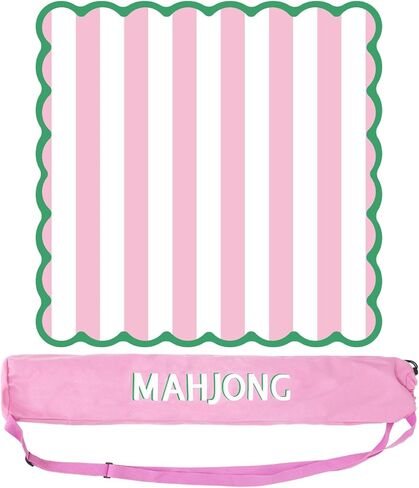 سجادة Whaline Mahjong مع حقيبة حمل مقاس 31.5 × 31.5 بوصة باللون الوردي والأبيض شريطية مضادة للانزلاق وتقلل من الضوضاء بساط ألعاب مطاطي مع حافة صدفية خضراء حصير طاولة ماجونج محمول للسفر لعبة ورق بطاقة البوكر in Kuwait