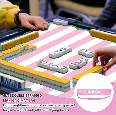 سجادة Whaline Mahjong مع حقيبة حمل مقاس 31.5 × 31.5 بوصة باللون الوردي والأبيض شريطية مضادة للانزلاق وتقلل من الضوضاء بساط ألعاب مطاطي مع حافة صدفية خضراء حصير طاولة ماجونج محمول للسفر لعبة ورق بطاقة البوكر in Kuwait
