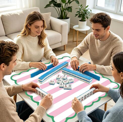 سجادة Whaline Mahjong مع حقيبة حمل مقاس 31.5 × 31.5 بوصة باللون الوردي والأبيض شريطية مضادة للانزلاق وتقلل من الضوضاء بساط ألعاب مطاطي مع حافة صدفية خضراء حصير طاولة ماجونج محمول للسفر لعبة ورق بطاقة البوكر in Kuwait