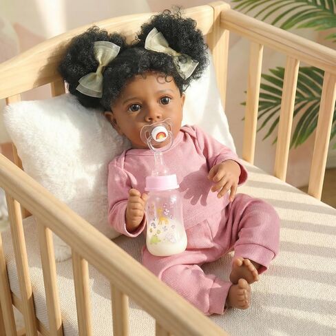 WOOROY Reborn Baby Dolls فتاة سوداء أمريكية أفريقية - دمية طفل حديث الولادة واقعية مقاس 20 بوصة باللون الوردي، جسم من القماش الناعم مع ملحقات كاملة، هدية للأطفال من سن 3 سنوات فما فوق in Kuwait