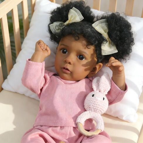 WOOROY Reborn Baby Dolls فتاة سوداء أمريكية أفريقية - دمية طفل حديث الولادة واقعية مقاس 20 بوصة باللون الوردي، جسم من القماش الناعم مع ملحقات كاملة، هدية للأطفال من سن 3 سنوات فما فوق in Kuwait