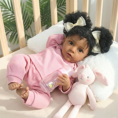 WOOROY Reborn Baby Dolls فتاة سوداء أمريكية أفريقية - دمية طفل حديث الولادة واقعية مقاس 20 بوصة باللون الوردي، جسم من القماش الناعم مع ملحقات كاملة، هدية للأطفال من سن 3 سنوات فما فوق in Kuwait
