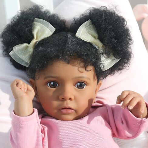 WOOROY Reborn Baby Dolls فتاة سوداء أمريكية أفريقية - دمية طفل حديث الولادة واقعية مقاس 20 بوصة باللون الوردي، جسم من القماش الناعم مع ملحقات كاملة، هدية للأطفال من سن 3 سنوات فما فوق in Kuwait