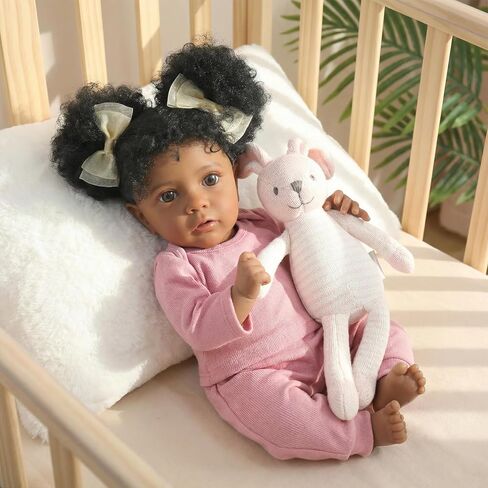 WOOROY Reborn Baby Dolls فتاة سوداء أمريكية أفريقية - دمية طفل حديث الولادة واقعية مقاس 20 بوصة باللون الوردي، جسم من القماش الناعم مع ملحقات كاملة، هدية للأطفال من سن 3 سنوات فما فوق in Kuwait