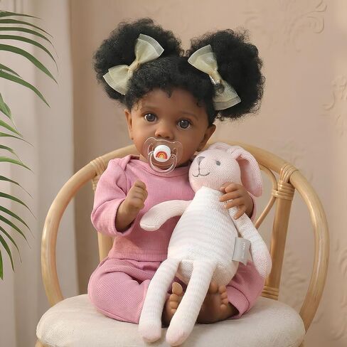 WOOROY Reborn Baby Dolls فتاة سوداء أمريكية أفريقية - دمية طفل حديث الولادة واقعية مقاس 20 بوصة باللون الوردي، جسم من القماش الناعم مع ملحقات كاملة، هدية للأطفال من سن 3 سنوات فما فوق in Kuwait