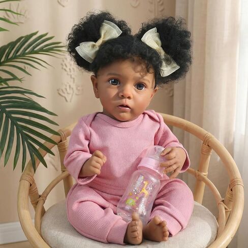 WOOROY Reborn Baby Dolls فتاة سوداء أمريكية أفريقية - دمية طفل حديث الولادة واقعية مقاس 20 بوصة باللون الوردي، جسم من القماش الناعم مع ملحقات كاملة، هدية للأطفال من سن 3 سنوات فما فوق in Kuwait