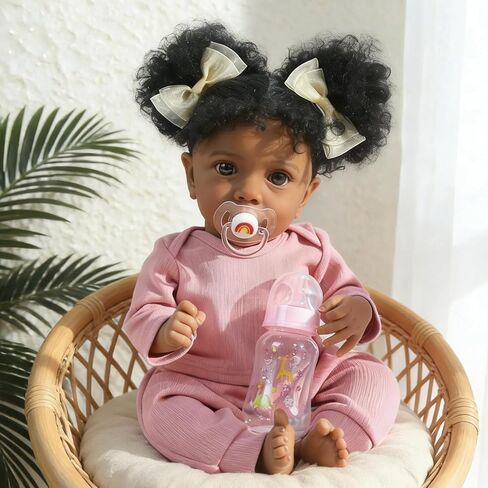WOOROY Reborn Baby Dolls فتاة سوداء أمريكية أفريقية - دمية طفل حديث الولادة واقعية مقاس 20 بوصة باللون الوردي، جسم من القماش الناعم مع ملحقات كاملة، هدية للأطفال من سن 3 سنوات فما فوق in Kuwait