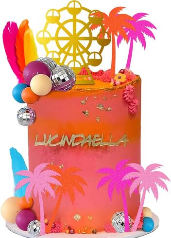Ferris Wheel Cake Topper Summer Music Festival Cake Toppers with Wheel Colorful Feathers Color Coconut Trees Purple Orange Yellow Blue Balls Disco balls Set for Birthday Party Supplies Decor in Saudi Arabia