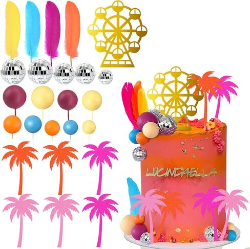 Ferris Wheel Cake Topper Summer Music Festival Cake Toppers with Wheel Colorful Feathers Color Coconut Trees Purple Orange Yellow Blue Balls Disco balls Set for Birthday Party Supplies Decor in Saudi Arabia