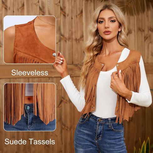 WERFORU Fringe Vest Women Faux Suede Open-Front Vintage Tassel Vest Coat Sleeveless 70s Hippie Boho Western Jacket,Coffee, XS/S-1 in Saudi Arabia