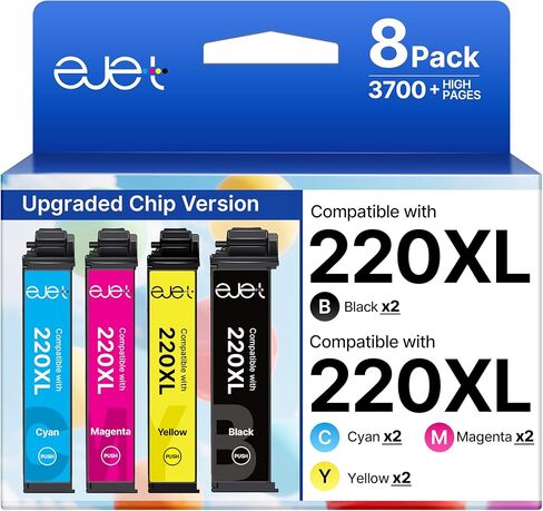 تم إعادة تصنيعها لاستبدال خراطيش الحبر 220XL لخراطيش الحبر Epson 220 لطابعات Epson WF-2750 WF-2760 WF-2630 WF-2650 XP-420 XP-320 XP-424 (8 عبوات: 2 أسود، 2 سماوي، 2 أرجواني، 2 أصفر) in Kuwait