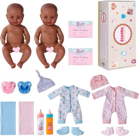 BABESIDE Black Baby Dolls Twins - 12 بوصة دمية أطفال واقعية لحديثي الولادة باللون الأسود الحقيقي، دمى أطفال توأم صبي وفتاة مع ملحقات لعمر 3 سنوات فما فوق، هدايا للأطفال in Kuwait