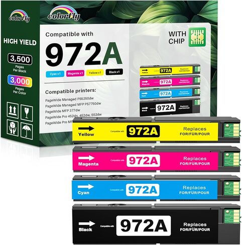 4 عبوات خراطيش حبر 972A بديلة لخراطيش حبر HP 972A 972X للاستخدام مع طابعة hp pagewide pro mfp 477dw 577dw 452dw 477dn 452dn 577z 552dw 377dw P55250dw (أسود/سماوي/أرجواني/أصفر) in Kuwait