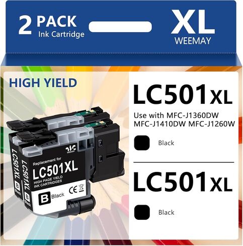 خرطوشة حبر سوداء Weemay LC501XL LC501 XL LC501XL2PK (2-أسود، 1000 صفحة) متوافقة مع خراطيش الحبر Brother LC501 LC501XL BK للطابعة Brother MFC-J1260W MFC-J1360DW MFC-J1410DW (أسود) in Kuwait