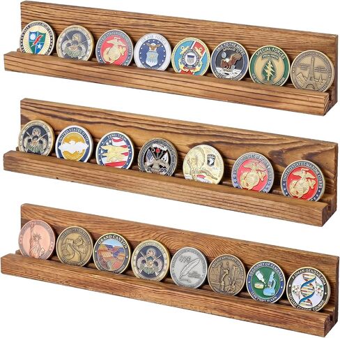 MyGift Wall Mounted White Washed Solid Wood Challenge Coin Holder, Casino Chip Collectors Display Rack, Single Row Military Coins Collection Shelf, Set of 3 in Saudi Arabia