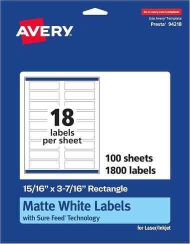 ملصقات مستطيلة بيضاء غير لامعة من Avery، تقنية Sure Feed، 15/16 بوصة × 3-7/16 بوصة، 450 ملصق أبيض غير لامع قابل للطباعة in Kuwait