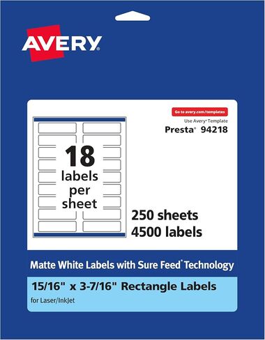 ملصقات مستطيلة بيضاء غير لامعة من Avery، تقنية Sure Feed، 15/16 بوصة × 3-7/16 بوصة، 450 ملصق أبيض غير لامع قابل للطباعة in Kuwait