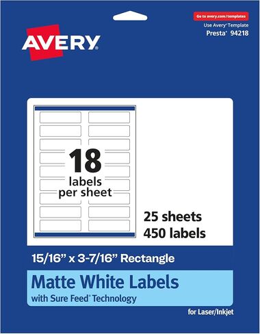 ملصقات مستطيلة بيضاء غير لامعة من Avery، تقنية Sure Feed، 15/16 بوصة × 3-7/16 بوصة، 450 ملصق أبيض غير لامع قابل للطباعة in Kuwait