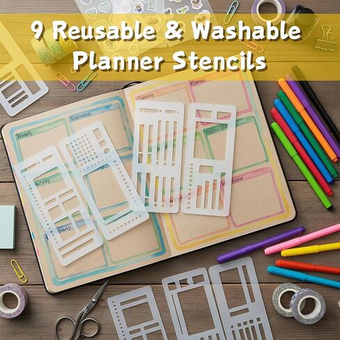 9 Pcs Planner Stencils, Reusable Flexible Record Template Set Bullet Journal Stencils, Plastic Stencil Drafting Tools Accessories for Calendar Making, Journal Planner, Layout Tools for DIY Planning in Saudi Arabia
