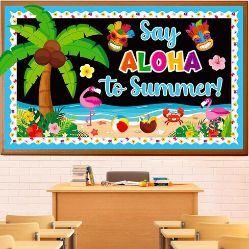 Summer Bulletin Board Decorations Set, May June Tropical Palm Classroom Decoration Aloha Summer Flamingo Tiki Cutouts Hawaiian Luau Holiday School Library VBS Window Wall Door Decor for Teacher in Saudi Arabia