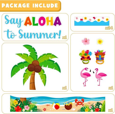 Summer Bulletin Board Decorations Set, May June Tropical Palm Classroom Decoration Aloha Summer Flamingo Tiki Cutouts Hawaiian Luau Holiday School Library VBS Window Wall Door Decor for Teacher in Saudi Arabia