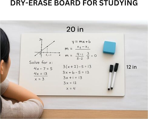 سبورة بيضاء قابلة للمسح الجاف مقاس 12 × 20، مزدوجة الجوانب، للامتحانات والمدرسة والمنزل والمكتب - تتضمن 2 قلم تحديد وممحاة واحدة in Kuwait