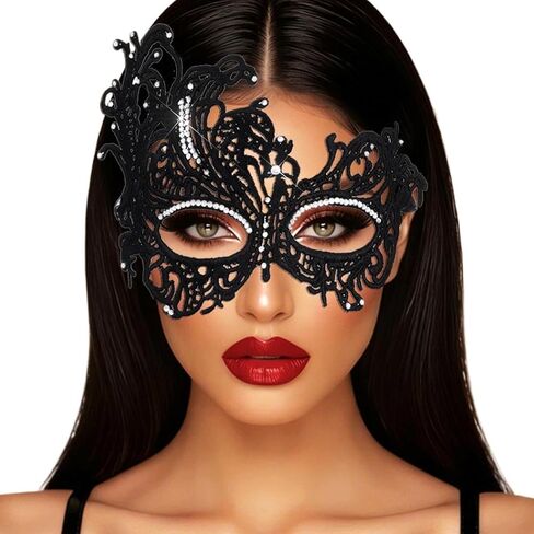 Rhinestone Masquerade Ball Mask for Women Black Lace Masks Halloween Costume Eye Mask Shiny Luxury Mask for Women in Saudi Arabia