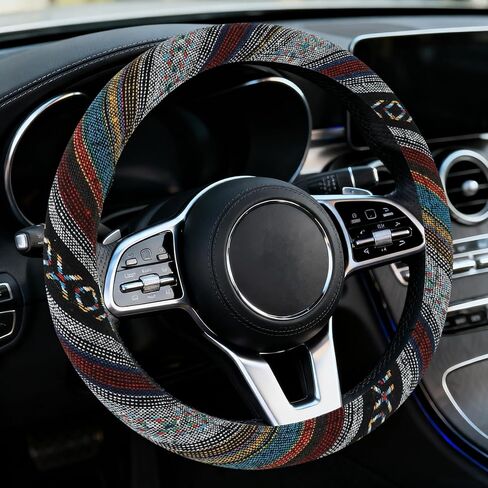 Boho Car Steering Wheel Cover, Ethnic Style Steering Wheel Covers Protector, Bohemian Anti-Slip Breathable Linen Auto Wheels Cover Fits 15 Inch, Universal Interior Car Accessories (Style C) in Kuwait