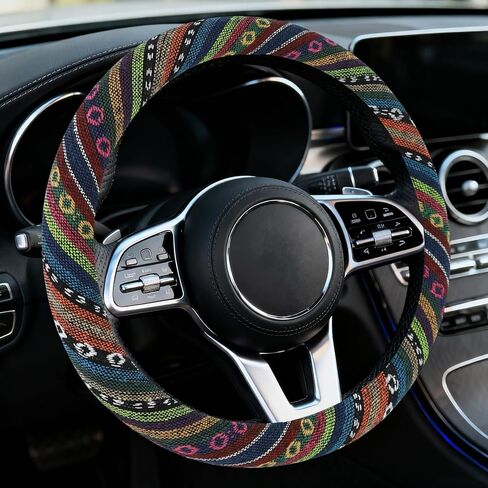 Boho Car Steering Wheel Cover, Ethnic Style Steering Wheel Covers Protector, Bohemian Anti-Slip Breathable Linen Auto Wheels Cover Fits 15 Inch, Universal Interior Car Accessories (Style C) in Kuwait