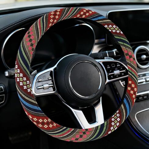 Boho Car Steering Wheel Cover, Ethnic Style Steering Wheel Covers Protector, Bohemian Anti-Slip Breathable Linen Auto Wheels Cover Fits 15 Inch, Universal Interior Car Accessories (Style C) in Kuwait
