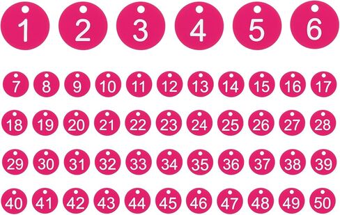 50 قطعة من علامات الأرقام من باتيكل 1-50، سلسلة مفاتيح مرقمة من البلاستيك لمنظم المبيعات الميدانية، شماعات الملابس، معرف، أحمر وردي in Kuwait