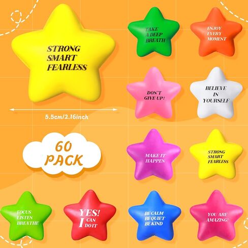 Sratte 60 Pcs Star Stress Ball Bulk for Adults Kids 2.16 Inch Motivational Stress Ball with Quotes Relief Squeeze Toy Inspirational Funny Mini Foam Gift for Party Favor Supply(Multi Colors) in Kuwait