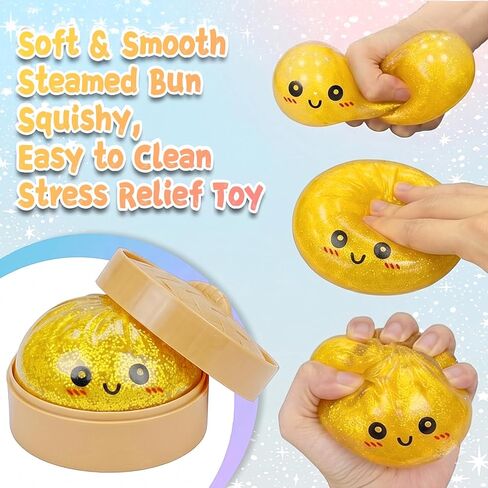 Squishy Toys for Kids and Adults, 3Pack Soft Dumpling Fidget Stress Relief Toys, Kawaii Bao Bun Sensory Toys with Steamer Basket, Cute Food Squishies for Party Favors Classroom Prizes in Saudi Arabia
