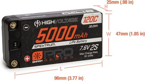 بطارية Spektrum 7.6V 5000mAh 2S 120C Smart Pro Race Shorty Hardcase LiHV: أنابيب، 5 مم، SPMX52S120HT in Kuwait