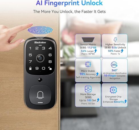 Blackview Video Smart Lock SE80, 3-in-1 3.5K Door Camera+Doorbell+Fingerprint Keyless Entry Door Lock, Smart Wi-Fi Deadbolt for Front Door, App Remote Control, No Monthly Fee, 32GB Local Storage in Saudi Arabia