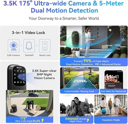 Blackview Video Smart Lock SE80, 3-in-1 3.5K Door Camera+Doorbell+Fingerprint Keyless Entry Door Lock, Smart Wi-Fi Deadbolt for Front Door, App Remote Control, No Monthly Fee, 32GB Local Storage in Saudi Arabia
