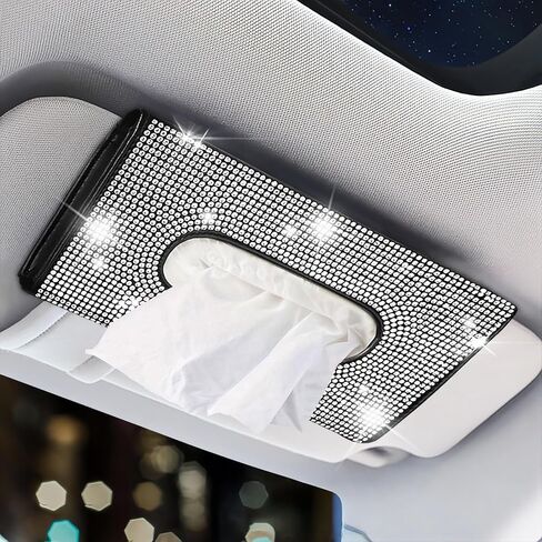 Bling Car Visor Tissue Holder, PU Leather Visor Tissue Holder with Crystal Rhinestones, Diamond Car Napkin Box for Women Girls (Black & White) in Saudi Arabia