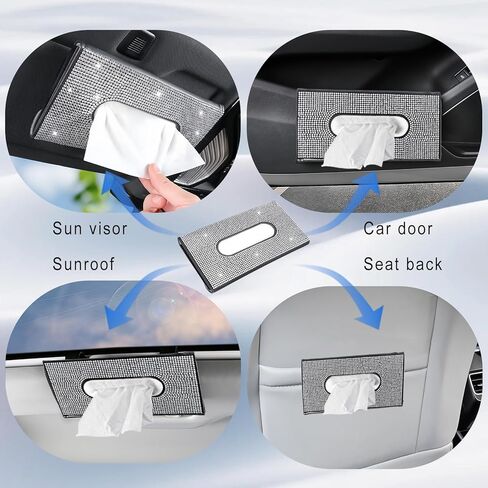 Bling Car Visor Tissue Holder, PU Leather Visor Tissue Holder with Crystal Rhinestones, Diamond Car Napkin Box for Women Girls (Black & White) in Saudi Arabia