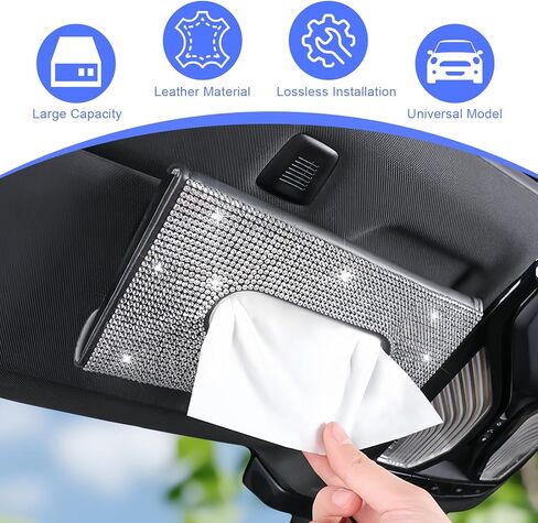 Bling Car Visor Tissue Holder, PU Leather Visor Tissue Holder with Crystal Rhinestones, Diamond Car Napkin Box for Women Girls (Black & White) in Saudi Arabia