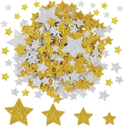 200PCS Glitter Star Stickers 4Size Large Star Stickers Silver and Gold Stars Foam for Craft Scrapbook and Card Greeting Self-Adhesive and Easy to Peel in Saudi Arabia