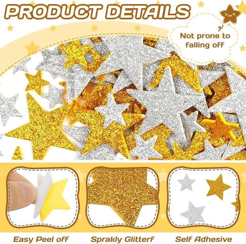 200PCS Glitter Star Stickers 4Size Large Star Stickers Silver and Gold Stars Foam for Craft Scrapbook and Card Greeting Self-Adhesive and Easy to Peel in Saudi Arabia