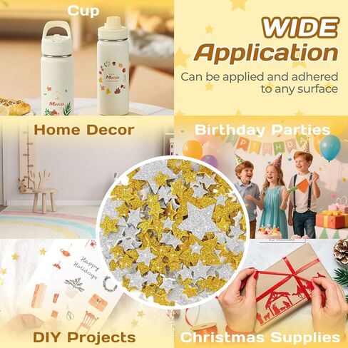200PCS Glitter Star Stickers 4Size Large Star Stickers Silver and Gold Stars Foam for Craft Scrapbook and Card Greeting Self-Adhesive and Easy to Peel in Saudi Arabia