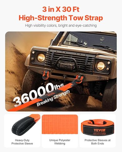 VEVOR Heavy Duty Tow Strap Recovery Kit 3 in x 30 ft (MBS-36,000 lbs) Tree Saver Winch Strap, Triple Reinforced Loop & Protective Sleeves & Storage Bag, 3/4" D-Ring Shackles, for Truck Jeep SUV ATV in Kuwait