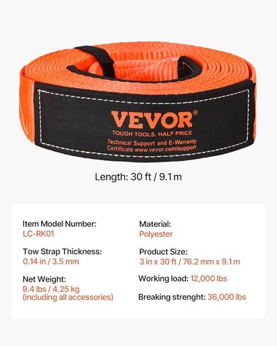 VEVOR Heavy Duty Tow Strap Recovery Kit 3 in x 30 ft (MBS-36,000 lbs) Tree Saver Winch Strap, Triple Reinforced Loop & Protective Sleeves & Storage Bag, 3/4" D-Ring Shackles, for Truck Jeep SUV ATV in Kuwait
