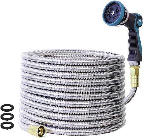 50FT 5/8'' Garden Hose, 304 Stainless Steel Water Hose, Flexible with a 10-Mode Nozzle Sprayer, No Kink, Lightweight, Puncture Proof Metal Hose, Ideal for Yard, Lawn, Outdoor in Saudi Arabia
